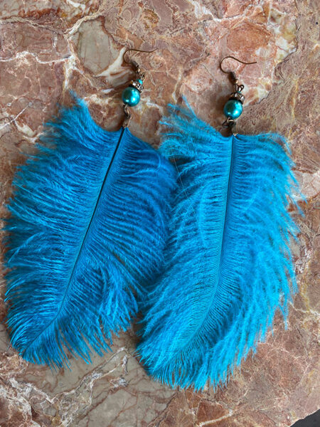 Feather earrings with hooks - turquoise with copper colour fitting 