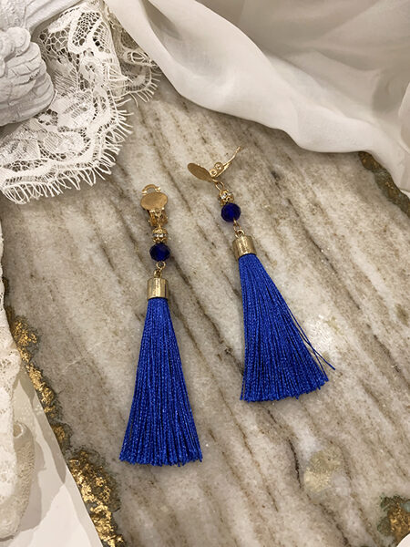 Clip earrings with tassel - bright blue with gold colour fitting 