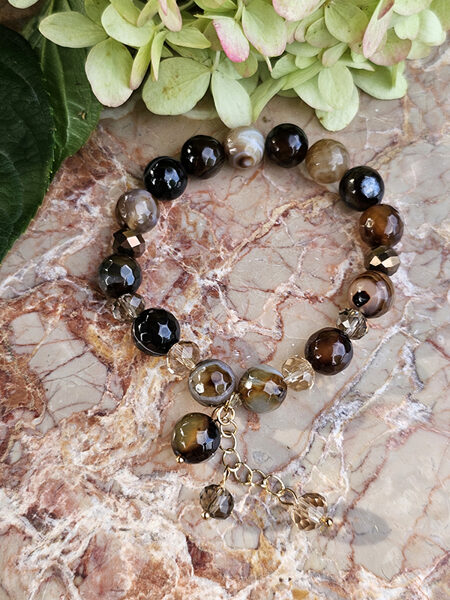Natural stone bead bracelet - brown with gold color elements 