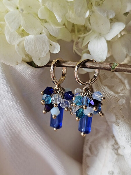 Glass bead earrings with huggie clasp - blue with gold colour fitting 
