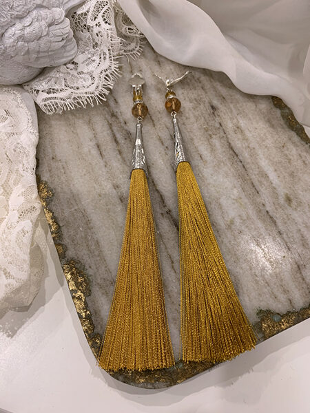 Clip earrings with tassel - mustard yellow with silver colour fitting 