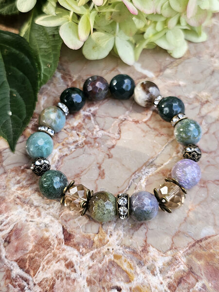 Natural stone bead bracelet - various green with bronze color elements