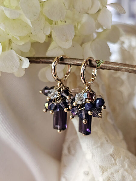 Glass bead earrings with huggie clasp - purple with gold colour fitting 