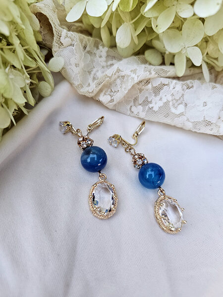 Dangling earrings - clips from stone beads with decorative crystal element - blue 