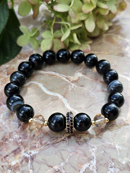 Natural stone bead bracelet - black with gold color elements and black crystals 