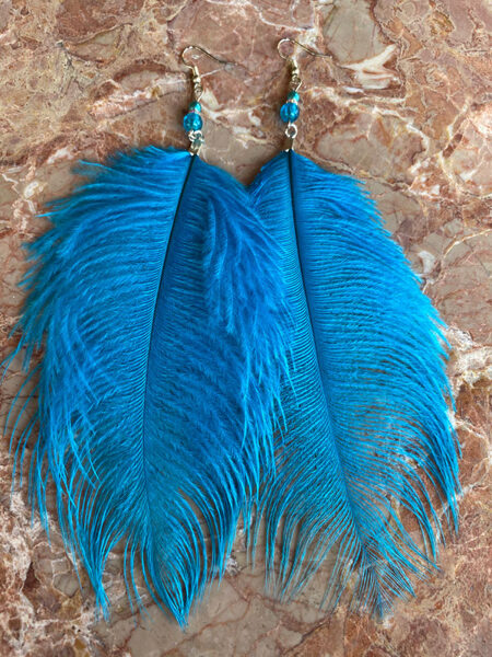 Feather earrings with hooks - turquoise with silver colour fitting 