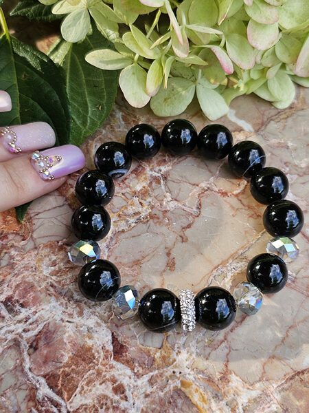 Natural stone bead bracelet - black with silver color elements 