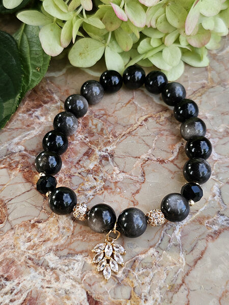 Natural stone bead bracelet - black with gold color elements and crystal pendant