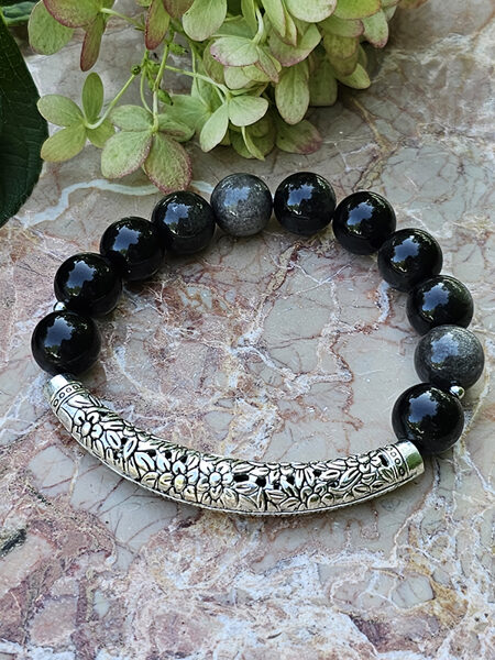Natural stone bead bracelet - black with decorative silver color elements