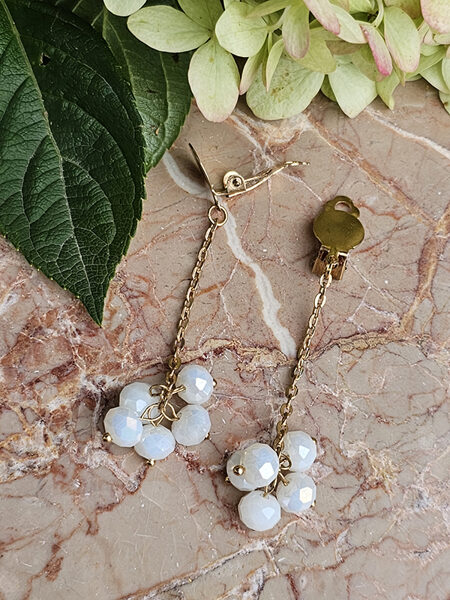 Dangling earrings - clips from glass beads - milk white 