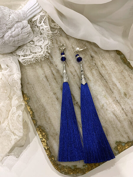 Clip earrings with tassel - bright blue with silver colour fitting 