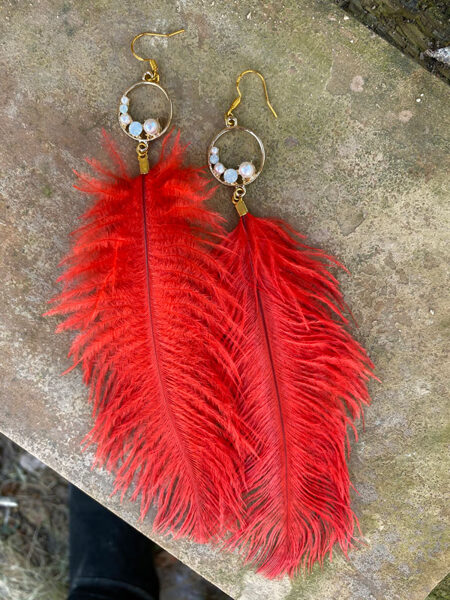 Feather earrings with hooks - red with gold colour fitting 