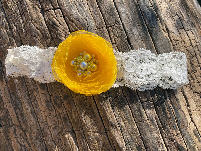 Lace headband with fabric flower - yellow 