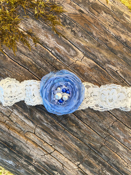 Lace headband with fabric flower - light blue 