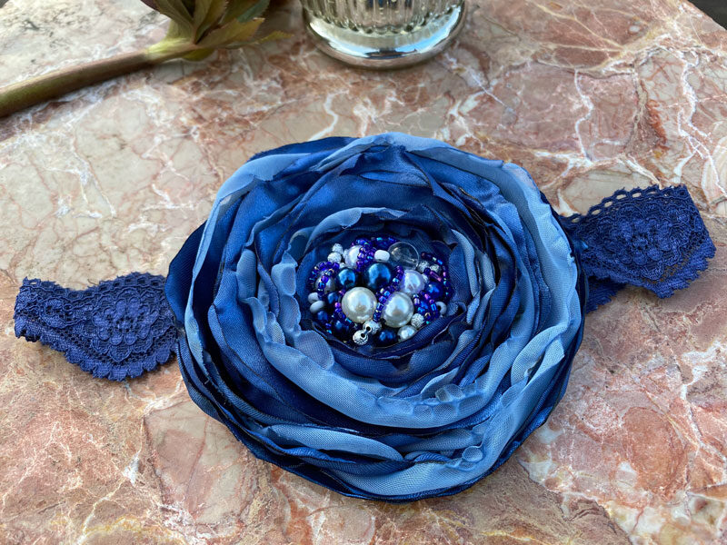 Lace headband with fabric flower - dark blue