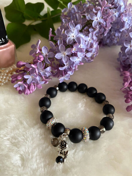 Natural stone bead bracelet - black (matte) with silver color elements 