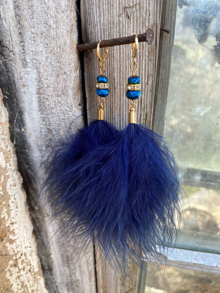 Feather earrings with leverback lock - dark blue with gold colour fitting 