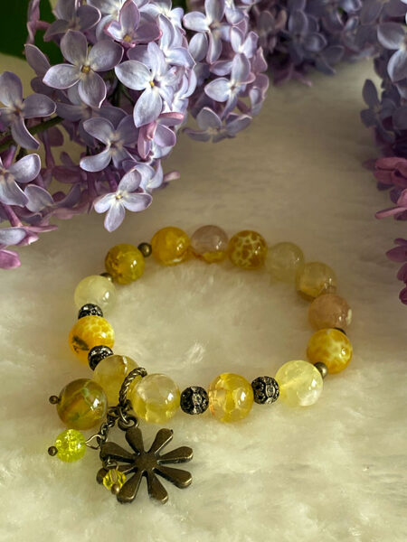 Natural stone bead bracelet - yellow with bronze color elements 