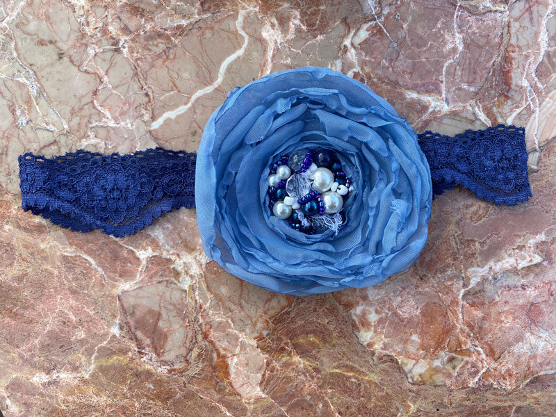 Lace headband with fabric flower - dark blue