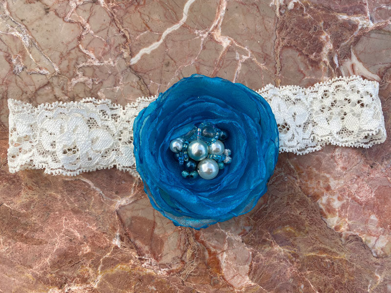 Lace headband with fabric flower - turquoise