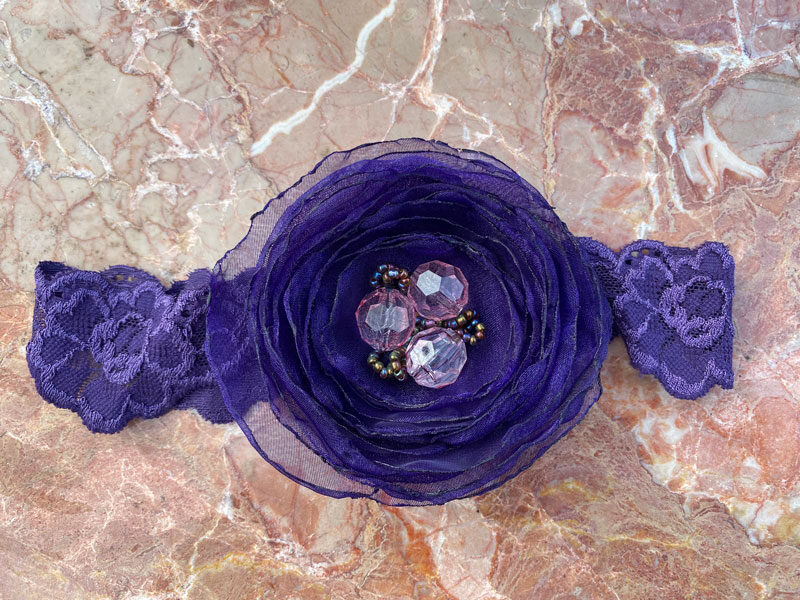 Lace headband with fabric flower - dark purple 