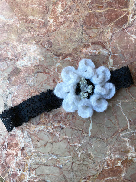 Lace headband with crocheted flower - black&white 