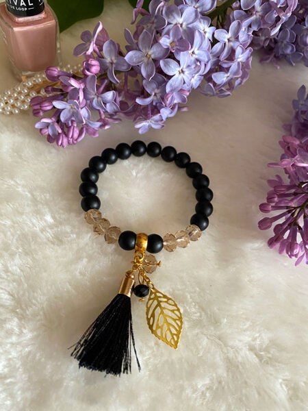 Natural stone bead bracelet - black (matte) with gold color elements 