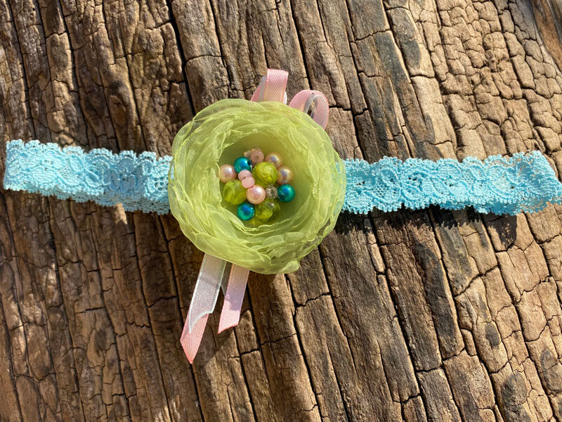 Lace headband with fabric flower - turquoise with light green 