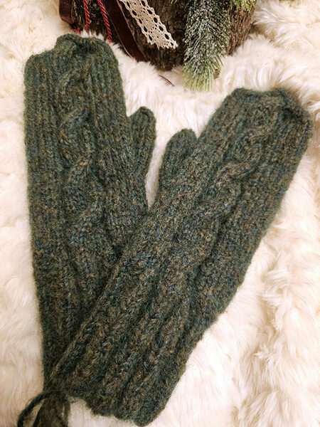 Knitted mittens with braids - moss green