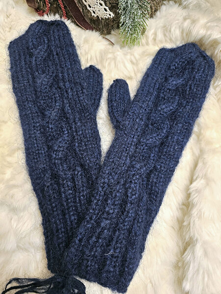 Knitted mittens with braids - dark blue 