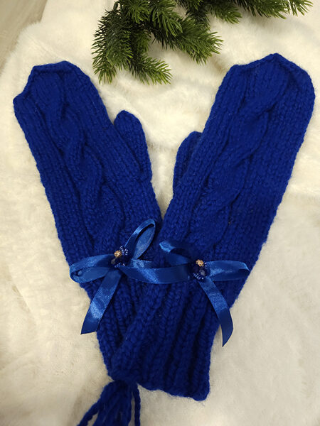 Knitted mittens with braids and bow - bright blue 