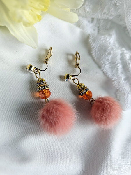 Clip earrings with fluff - coral colour with gold colour fitting 