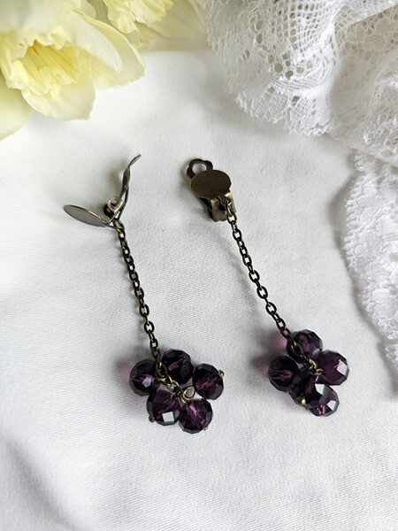 Dangling earrings - clips from glass beads - dark purple 