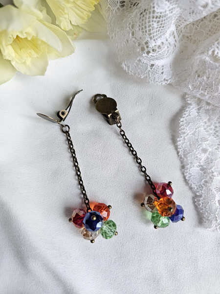 Dangling earrings - clips from glass beads - mix color 