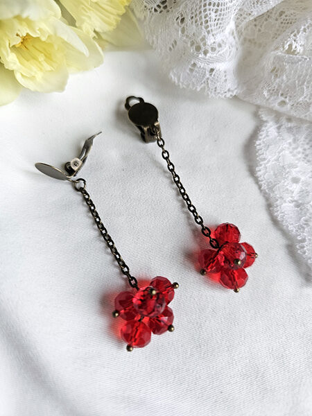 Dangling earrings - clips from glass beads - red
