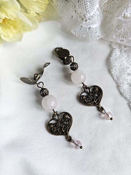 Stone bead clip earrings with a heart element - light pink 
