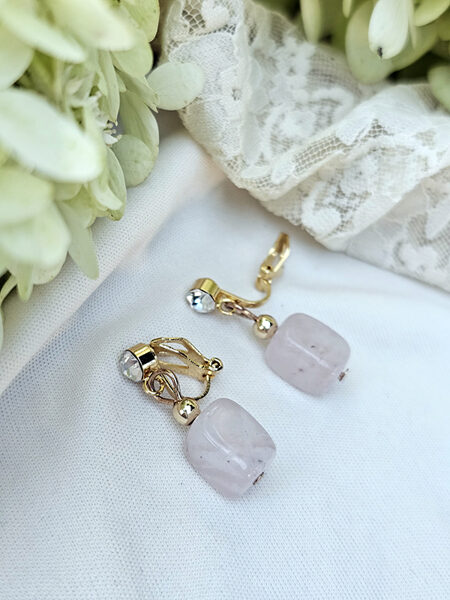 Stone bead clip earrings - pink with crystal and gold colour fitting