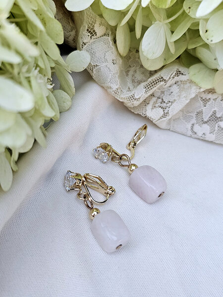 Stone bead clip earrings - pink with crystal (bigger) and gold colour fitting