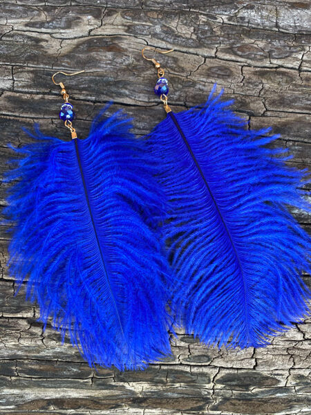 Feather earrings with hooks - royal blue with gold colour fitting 