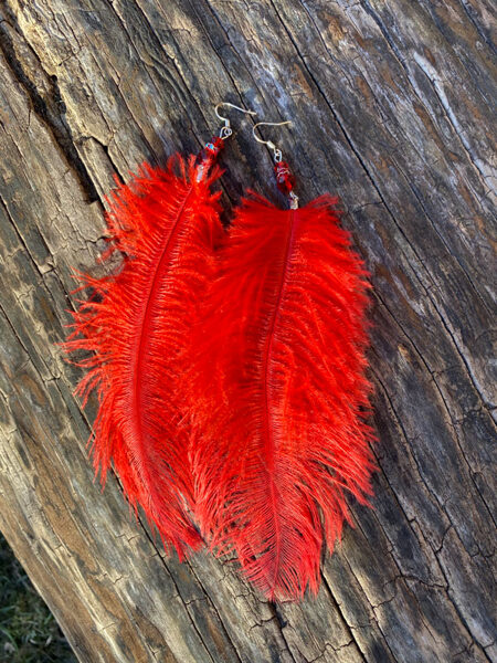 Feather earrings with hooks - red with silver colour fitting 