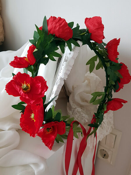 Artificial flower hair wreath -red with poppies (thin)