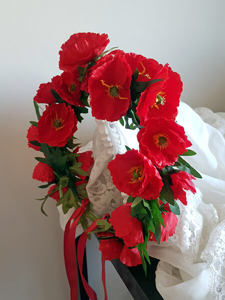 Artificial flower hair wreath - red with poppies (big)