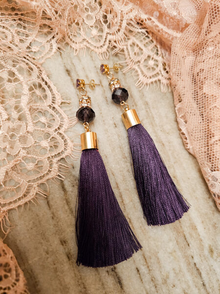 Tassel stud earrings with crystals - dark purple with gold colour fitting