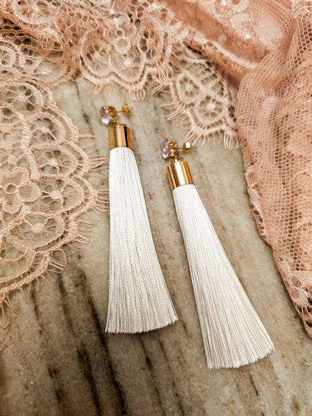 Tassel stud earrings with crystals - white with gold colour fitting