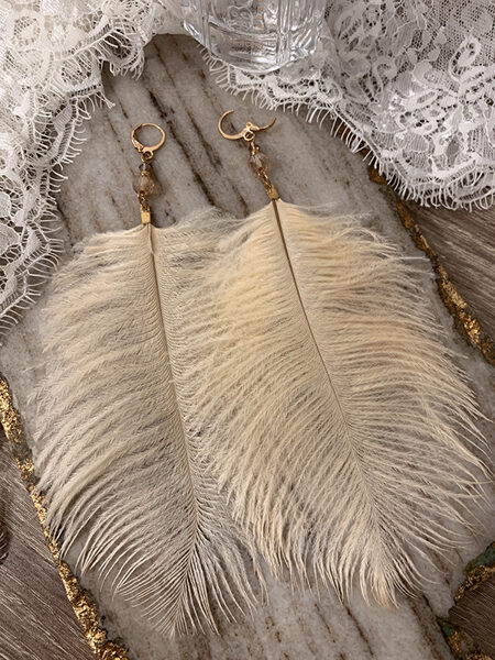 Feather earrings with leverback lock - peach with gold colour fitting