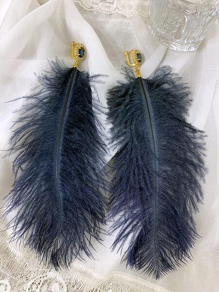 Feather earrings with elegant english lock - dark blue with gold colour fitting